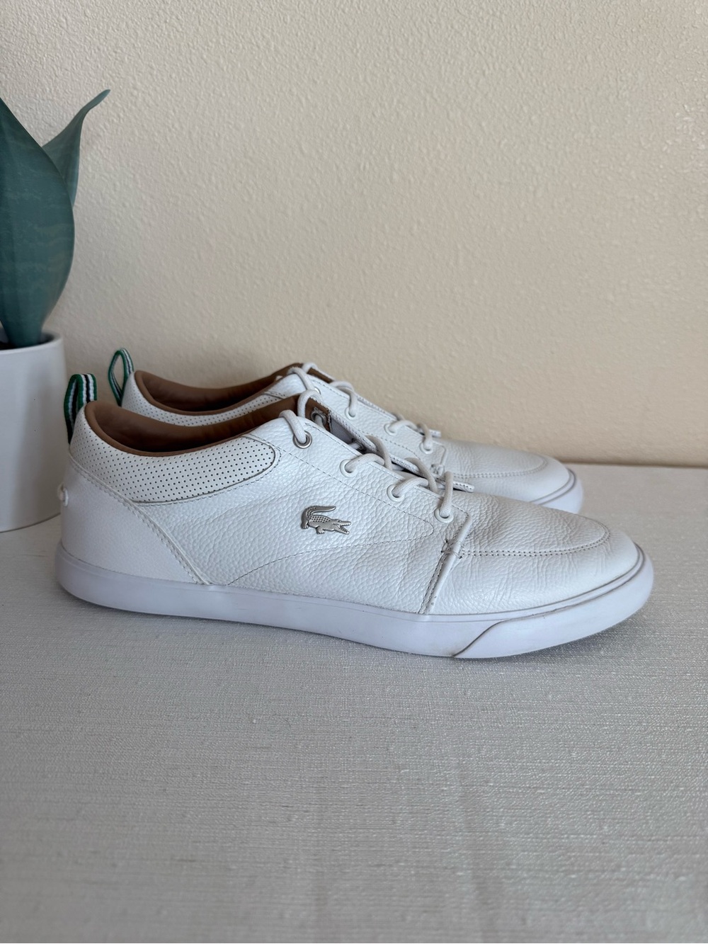 Lacoste White Leather Low-Top Sneakers with Green Heel Tabs
